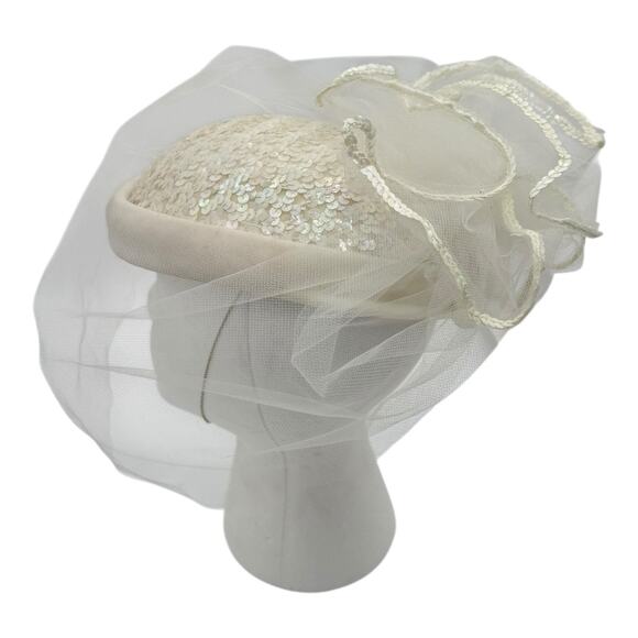 Vintage White Off-white Hat W/ Netting Sequins Classic Pillbox Wedding Chic 60’s main image 10